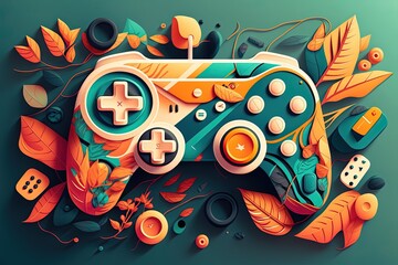 Bright vivid console for personal computer or laptop on colorful background. Gamepad for gaming on multiplayer network. Concept of esports and online playing. Illustration generative AI
