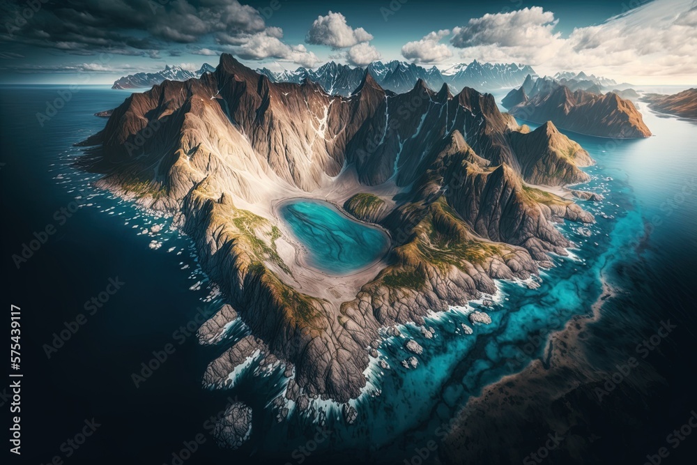 Wall mural stunning bird's-eye view of a rocky mountain range and the ocean. Generative AI