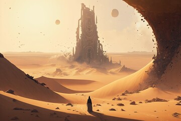 The Sahara Desert is a Towering Sea of Sand. Speculative Setting Realistic Concept Art Illustration Digital Painting for Video Game Background Digital Artwork of Real World Scenes Serious. Generative
