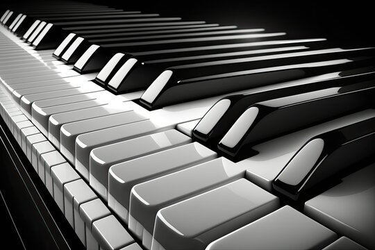 Piano keys made of ivory and ebony, used to play a soothing symphony or classical tune. Macro and close up shots of instruments used by musicians at home or in a music school. Generative AI