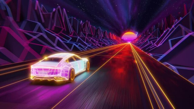 Synthwave seamless car animation. Cyberpunk 80s retro vaporwave sunset with fast driving EV on a highway road. 3d rendering animated VJ loop for music video. Neon background