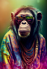 Generative AI abstract render of a hippie Chimpanzee