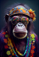 Generative AI abstract render of a hippie Chimpanzee