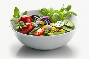 Bowl of salad vegetables on a white background. Generative AI