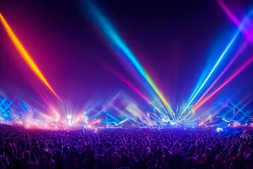 Gordijnen Panorama live music concert crowd and audience with beams light show and concert lighting. Edm electronic techno music festival or rock show performance with crowded people silhouette. Generative AI © Synesthesia AI Stock