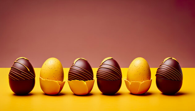 Chocolate Eggs in a Row on Yellow Background. Easter decorated eggs frame. Happy Easter card. 3D realistic illustration. Generative AI