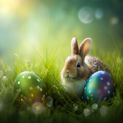Little Bunny With Decorated Eggs - Easter Card. Easter Eggs and Bunny - Green Grass Defocused Bokeh. 3D realistic illustration. Generative AI
