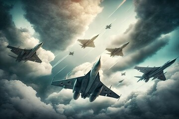 Overhead military air force flyby parade. Russian military planes performing aerial stunts against a cloudy sky background. Display of triumph. Generative AI