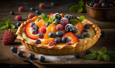  a pie with fruit on top of it on a table.  generative ai