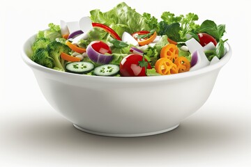 A bowl of fresh, tossed salad veggies. Picture of a raw salad in a white bowl. Generative AI