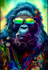 Generative AI abstract render of a hippie gorilla