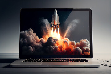 Illustration of  space rocket launching from laptop. generative AI
