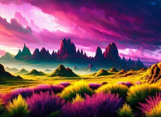 a calm meadow with hilly landscapes in the background and purple hues