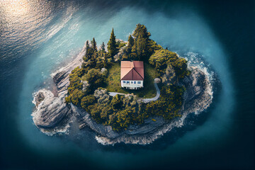Illustration of single house on tiny island, surrounded by the ocean. generative AI - obrazy, fototapety, plakaty