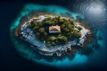 Fototapeta premium Illustration of single house on tiny island, surrounded by the ocean. generative AI