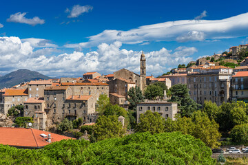 View of colorful Sartène town, built in traditional Corsican style in the mountain landscape of...