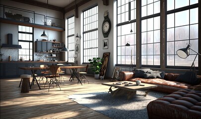  a living room filled with furniture and lots of windows next to a kitchen.  generative ai