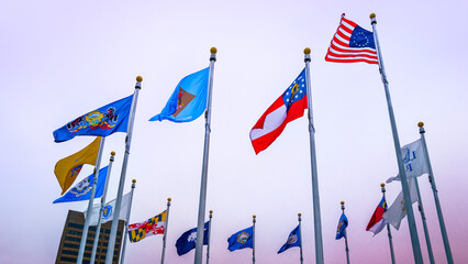 Obraz premium The flags of the 13 States that signed the Declaration of Independence waving in the wind against the white and pink sky, themes for early American History