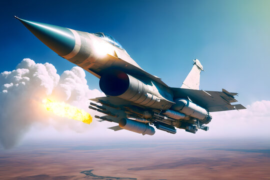 Jet fighter firing missile on high speed chase, close up aerial view. Generative AI