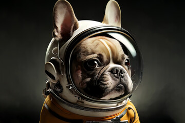 cosmonaut dog dressed in a space suit with a helmet on a dark background