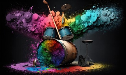  a drum set with a rainbow paint splashing on it.  generative ai - obrazy, fototapety, plakaty