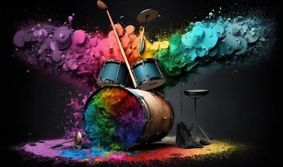 Fotobehang  a drum set with a rainbow paint splashing on it.  generative ai © Anna
