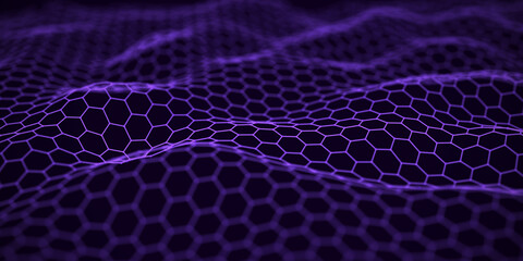 Digital purple hexagon wave with dots and lines background. The futuristic abstract structure of network connection. Big data visualization. 3D rendering.
