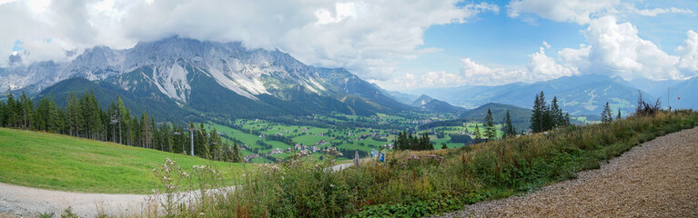 Fototapeta na wymiar Wonderful panoramic view of Schladming Dachstein Region. Peaks and Valley, view to Ramsau and Dachstein. Styria, Austria