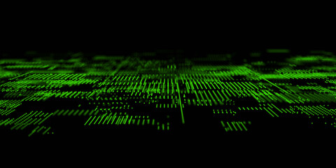 Texture digital plane technology. Abstract green damage background with points and lines. Futuristic backdrop. Big data visualization. 3D rendering.