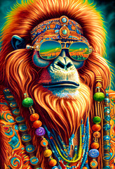 Generative AI abstract render of a hippie orangutan