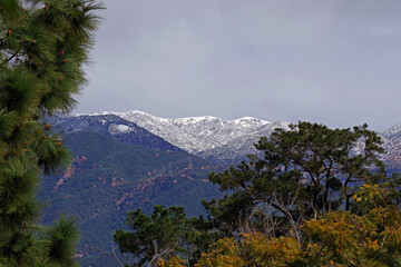 Snow on the Santa Ynez Mountains seen from Santa Barbara in Southern California on February 25, 2023 - obrazy, fototapety, plakaty