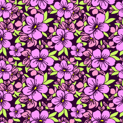 seamless pattern of pink silhouettes of flowers on a purple background, texture, design