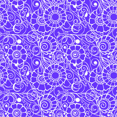 seamless pattern of white contours of flowers on a blue background, texture, design