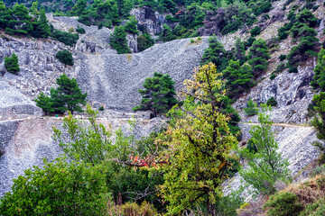 Part of an abandoned Penteli marble quarry in Attika, Greece. Penteli is a mountain, 18 km north of Athens.