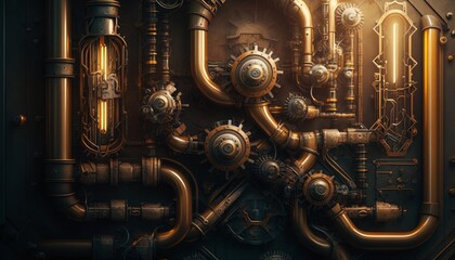 A steampunk illustration with gears, pipes, lights and steam. Generative AI 