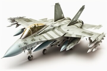 Fighter plane of the armed forces, isolated on white, showing current weaponry; photorealistic. Generative AI