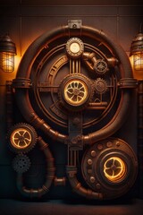 A steampunk illustration with gears, pipes, lights and steam. Generative AI 
