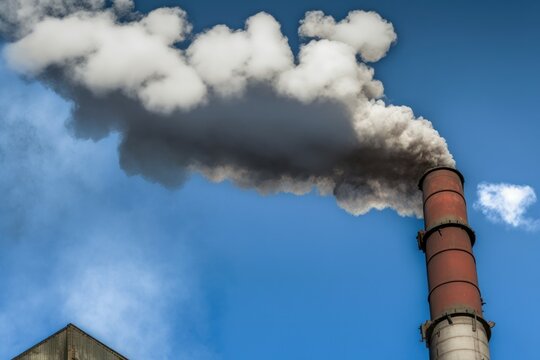 Metal pipe of a plant with exhaust white, gray smoke, smog. Concept ecology, pollution. AI generated