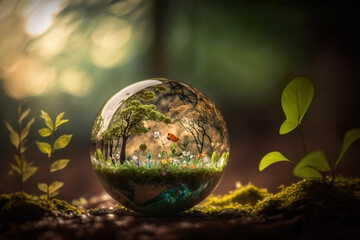 Glass globe in the in nature concept for eco friendly enviroment and conservation. Generative Ai.