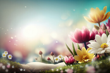 Obraz na płótnie Canvas Spring sunny meadow with flowers. Illustration Generative AI