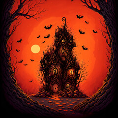  "Eerie Charm: Spooky Halloween House Illustration with an Orange Glow and Pumpkins" (Generative AI, Generative, AI)