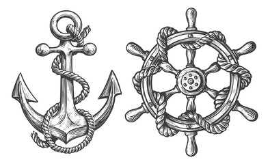 Nautical set. Anchor and ship helm, steering wheel in sketch style. Vintage illustration isolated on white background - obrazy, fototapety, plakaty