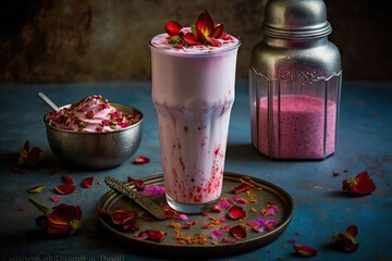 Gulab Shake, Rose Milk, or Rose Shake with rose petals. Keralan valentine's day drink including red roses fashioned like hearts. Kashmir, India's strawberry milk shakes and Pink Tea (also known as Gul