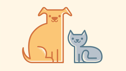 Vector flat illustration of cat and dog. Vintage emblem with pets. Cat and dog.