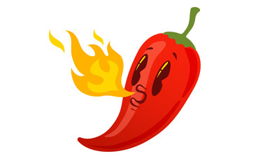 Vector illustration of a spicy chili pepper with flame in retro style. Cartoon red chili pepper for Mexican or Thai food. Hot chilli in vintage style.