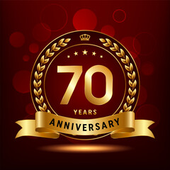 70th Anniversary logo design with golden number and laurel wreath for anniversary celebration event, invitation, greeting card, banner, poster, flyer, flyer. Logo Vector Template