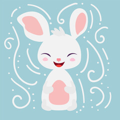 White easter rabbit. Happy Easter banner, poster, greeting card. Trendy Easter design with Easter Bunny in pastel colors on blue background. Vector illustration in modern minimal cartoon style.