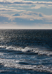 Waves forming and breaking in the Ocean by the shoreline.