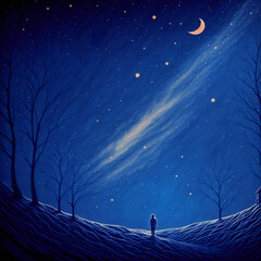 "Winter Solitude: Illustration of a Lonely Silhouette Gazing at the Starry Sky" (Generative AI, Generative, AI)
