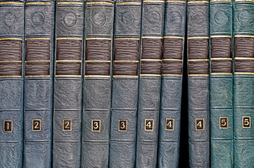 Encyclopedia in five volumes stacked vertically on the bookshelves, photo illustration